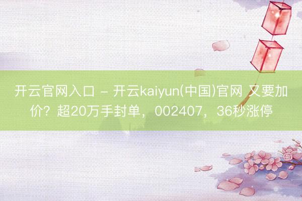 开云官网入口 - 开云kaiyun(中国)官网 又要加价？超20万手封单，002407，36秒涨停